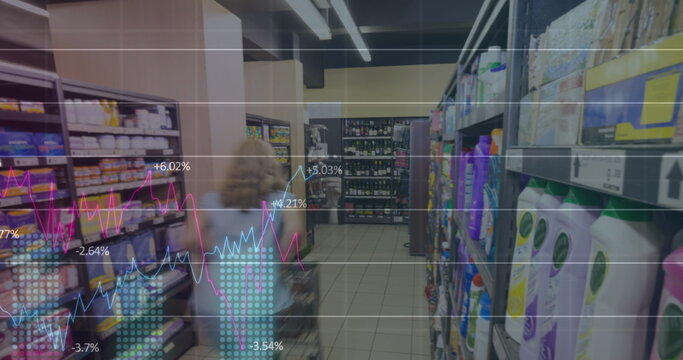 Image of data processing over caucasian woman with trolley in shop