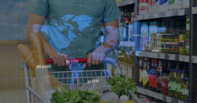 Image of data processing over caucasian man with trolley in shop