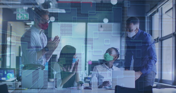 Image of data processing over diverse business people with face masks using laptop