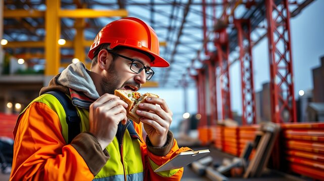A construction worker in an orange safety vest hungrily eats a sandwich du his lunch break at a busy construction site.