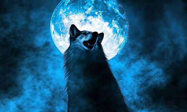 Howling wolf under a glowing blue moon