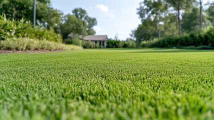 Lush green lawn with trees and house in background