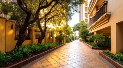 Obraz premium Serene pathway lined with lush greenery and sunlight filtering through trees in urban setting