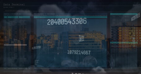 Image of caucasian male hacker and data processing over cityscape