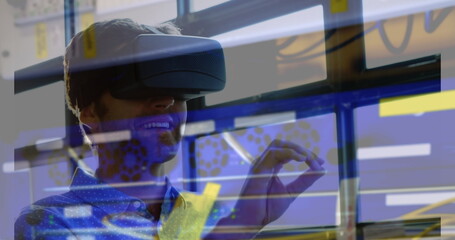 Image of men using vr headset over server room