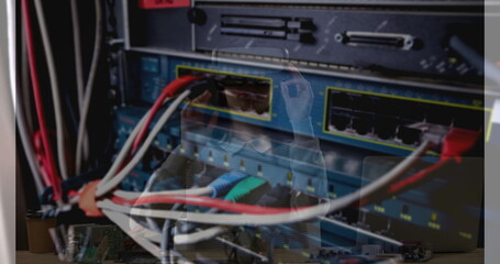 Image of women using vr headset over server room