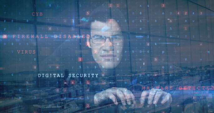 Image of caucasian male hacker and cyber attack warning over cityscape
