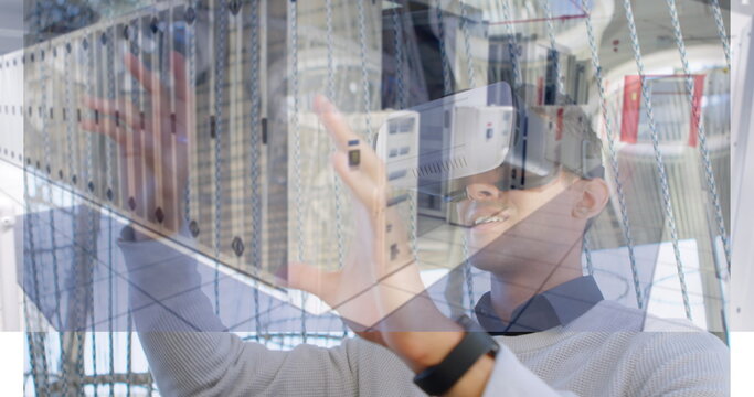 Image of men using vr headset over server room