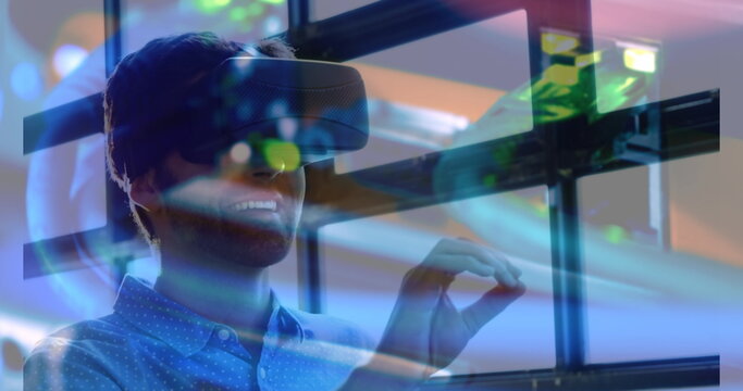Image of men using vr headset over server room