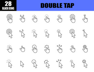 Double tap black line icons. touch screen gestures. pictogram art.