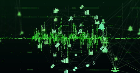 Image of network of connections with icons over dark background