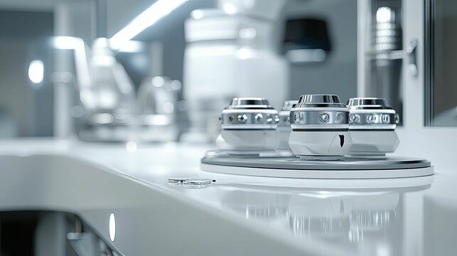 Modern medical devices on a pristine white countertop.