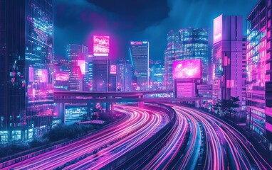 Vibrant Cityscape at Night: Neon Lights and Motion Blur in Urban Landscape