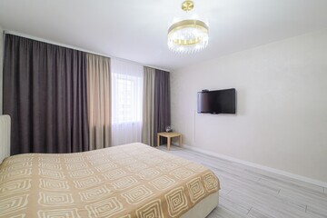 interior room apartment bedroom with bed, cozy place to sleep and relax