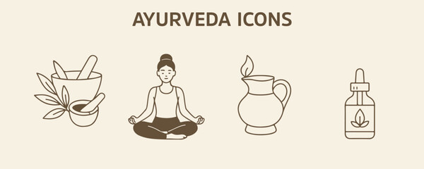 Minimalist line art vector set inspired by Ayurveda, featuring herbal elements, dosha symbols, spa therapy, and wellness icons. Ideal for health, spa, and holistic design projects.