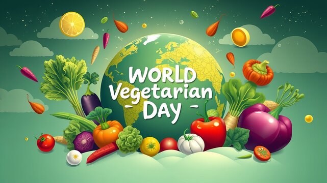 Vibrant illustration of World Vegetarian Day featu a globe surrounded by fresh vegetables and fruits signifying healthy eating and plant-based