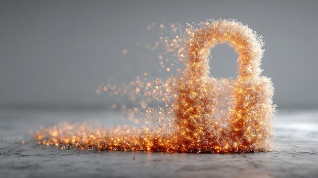 Lock Down Security: A dynamic representation of a lock dissolves into sparkling particles, symbolizing the fragility or potential compromise of digital security.