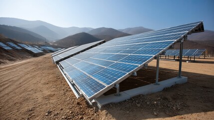 Large solar panel arrays installed on a sloped terrain in a remote mountainous area under clear sky for renewable energy generation and sustainable power source