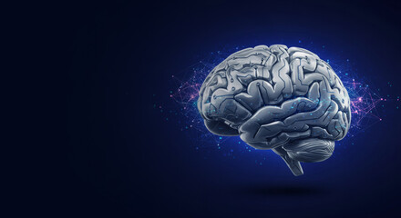 Artificial intelligence brain concept on dark blue background with glowing energy. Futuristic neural network, machine learning, and cognitive computing technology