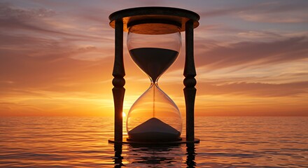 Hourglass on Water at Sunset Time Passing Concept