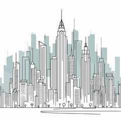 Minimalist line art city skyline illustration featuring iconic skyscrapers on a light background