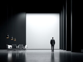 Obraz premium Businessman standing alone in modern minimalistic interior with high ceiling, large blank white wall, industrial pendant lighting, and sleek chairs in a spacious office lobby