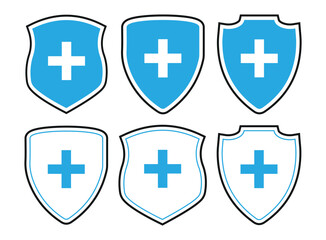 Shield icon with health cross. Health protection shield. Icon with reflection on white background.