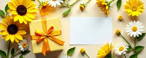 Vibrant yellow sunflowers and daisies with blank gift card on floral background, colorful, bright