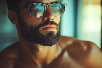 Man with a beard and glasses looking out at city skyline from rooftop terrace, holding a cup of coffee. Sunrise colors paint the sky behind him.