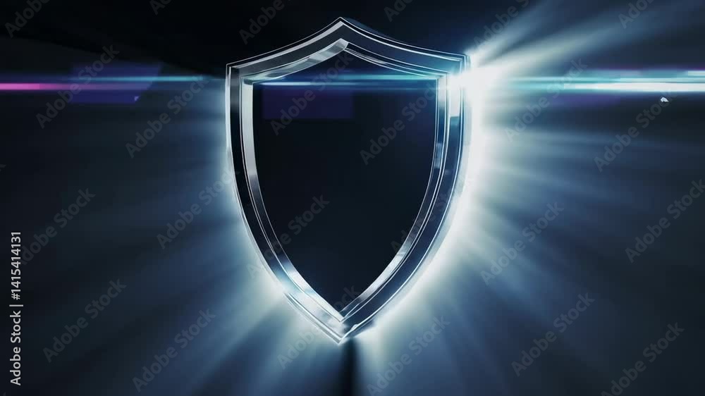 Poster light effects and lens flares illuminate a chrome shield rotating and changing color on a black back