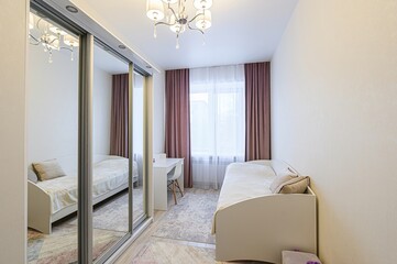 interior room apartment bedroom with bed, cozy place to sleep and relax