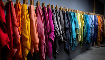 Fototapeta premium Vibrant array of colorful fabrics hanging on a wooden rack, showcasing a spectrum of rich hues and textures.