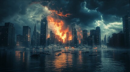 Fiery urban catastrophe reflected in a waterlogged cityscape.