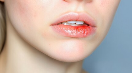 Naklejka premium Close-up of a cold sore on a woman's lip. Red and slightly inflamed. herpes virus