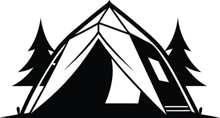 Camping tent silhouette icon, Tent vector illustration, Simple camping tent graphic, Outdoor tent flat design, Hiking tent silhouette image