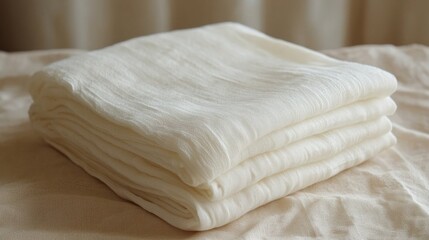 Obraz premium A stack of pristine, white linen sheets, inviting relaxation with their soft, natural texture.