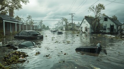 Flooded residential street after a catastrophic storm.