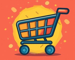 Colorful shopping cart illustration with vibrant background and playful design
