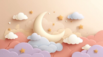 Serene Crescent Moon and Pastel Clouds: A Dreamy Paper Art Nightscape