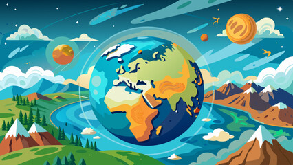 Naklejka premium A colorful drawing of the Earth with mountains and a large planet in the background. The drawing conveys a sense of wonder and awe at the vastness of the universe