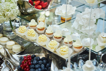 Buffet table at a banquet or celebration. Various canapes, fruits and cakes