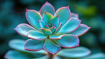 Rosette-shaped succulent with teal leaves outlined in pink against a blurred backdrop