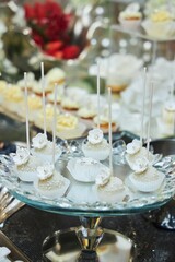 Buffet table at a banquet or celebration. Various canapes, fruits and cakes