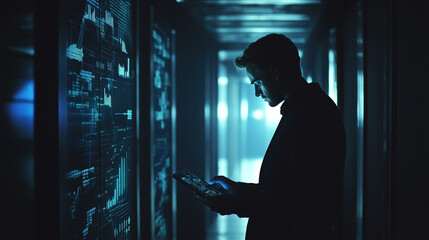 Data center specialist examining server performance metrics on a tablet
