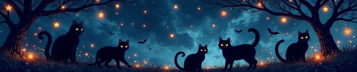 Whimsical backdrop featuring repeating motif of enchanted black cats and stars, magic, aesthetic