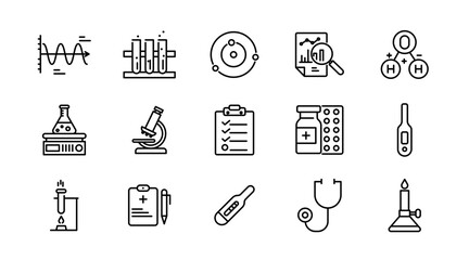 Laboratory and science line icon set. Research, DNA, scientific, analysis, test, chemical, microscope, bunsen burner, pipette, outline icon collection. UI thin outline icon pack