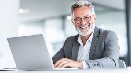 Happy Businessman Working on Laptop - Smiling mature businessman working on his laptop in a modern office. Positive and successful
