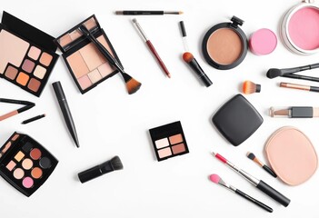 White background showcasing essential makeup tools and accessories, ample empty space, sponges, pristine