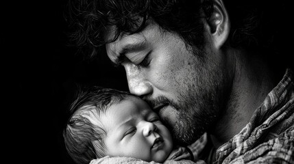 A loving father tenderly holds his sleeping newborn baby in a peaceful, intimate moment.