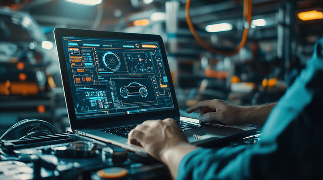 Analyzing Vehicle Diagnostics on Laptop for Repair Solutions in Workshop